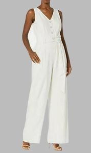 Tahari Linen Blend V-neck Wide-Leg Jumpsuit Ecru/Ivory/ Off White